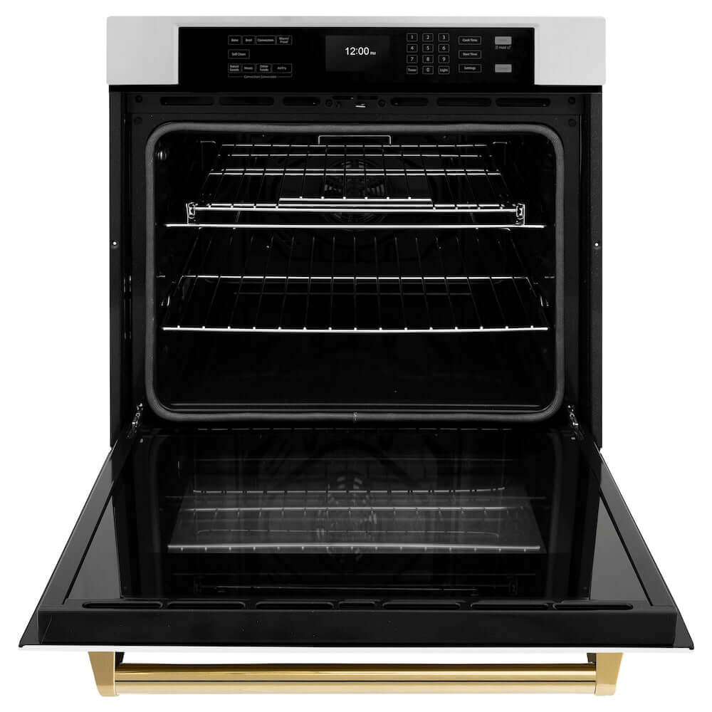 ZLINE Autograph Edition 30 in. Professional True Convection Single Wall Oven with Air Fry and Self Clean in Stainless Steel with White Matte Door and Polished Gold Handle (WASZ-WM-30-G) front, open.