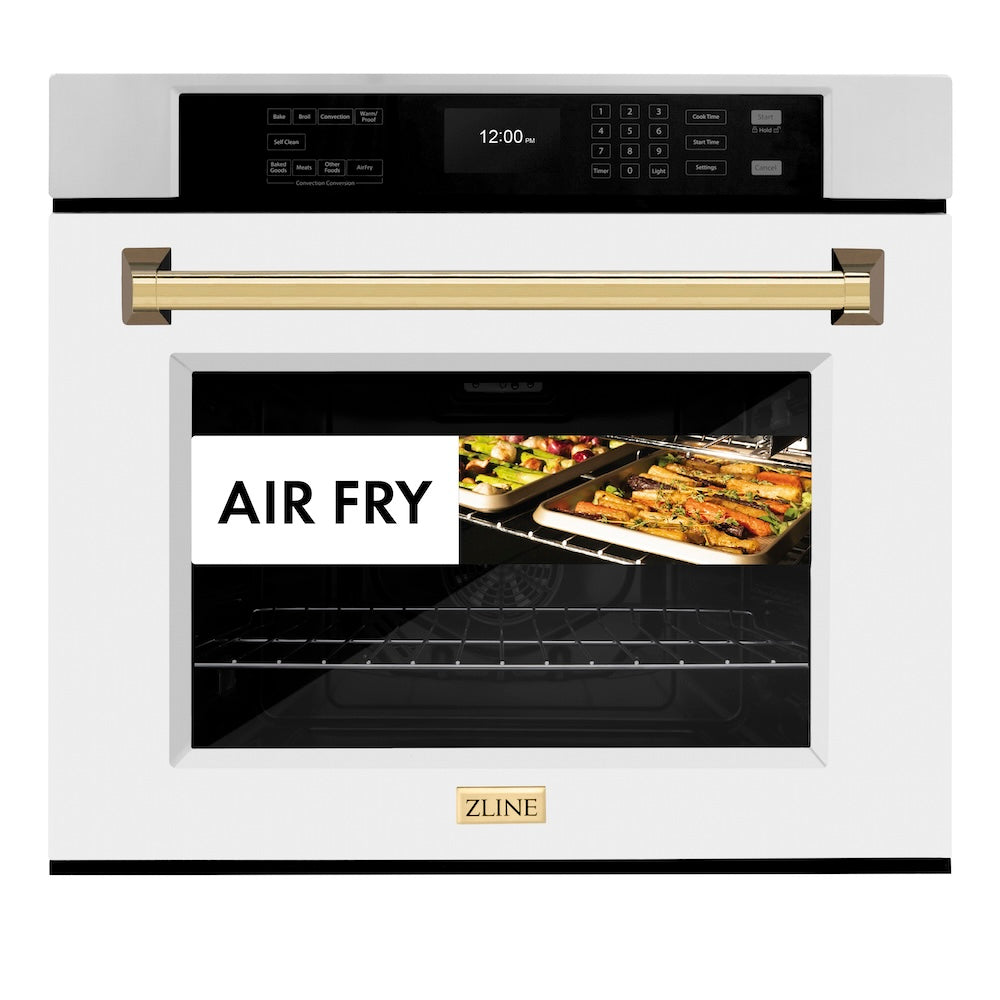 ZLINE Autograph Edition 30 in. Professional True Convection Single Wall Oven with Air Fry and Self Clean in Stainless Steel with White Matte Door and Polished Gold Handle (WASZ-WM-30-G)