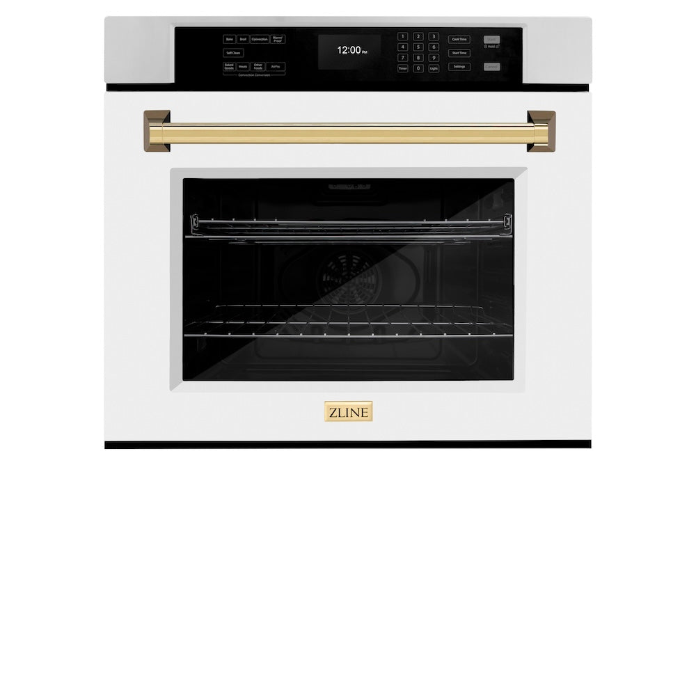 ZLINE Autograph Edition 30 in. Professional True Convection Single Wall Oven with Air Fry and Self Clean in Stainless Steel with White Matte Door and Polished Gold Handle (WASZ-WM-30-G)