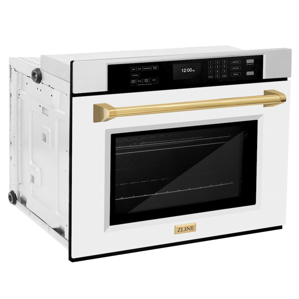 ZLINE Autograph Edition 30 in. Professional True Convection Single Wall Oven with Air Fry and Self Clean in Stainless Steel with White Matte Door and Polished Gold Handle (WASZ-WM-30-G) side.