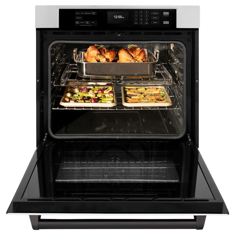 ZLINE Autograph Edition 30 in. Professional True Convection Single Wall Oven with Air Fry and Self Clean in Stainless Steel with White Matte Door and Matte Black Handle (WASZ-WM-30-MB) front, open, with food inside.