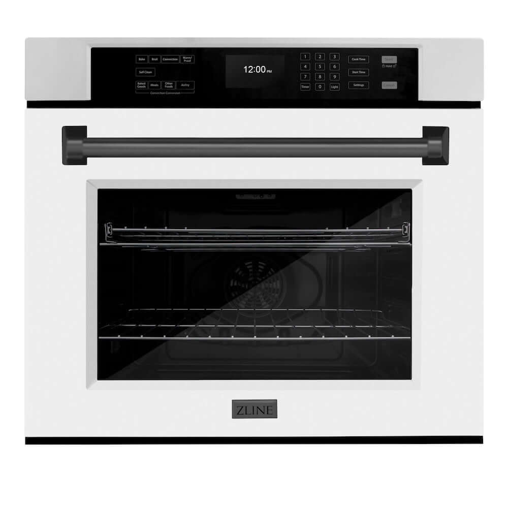 ZLINE Autograph Edition 30 in. Professional True Convection Single Wall Oven with Air Fry and Self Clean in Stainless Steel with White Matte Door and Matte Black Handle (WASZ-WM-30-MB) main image.