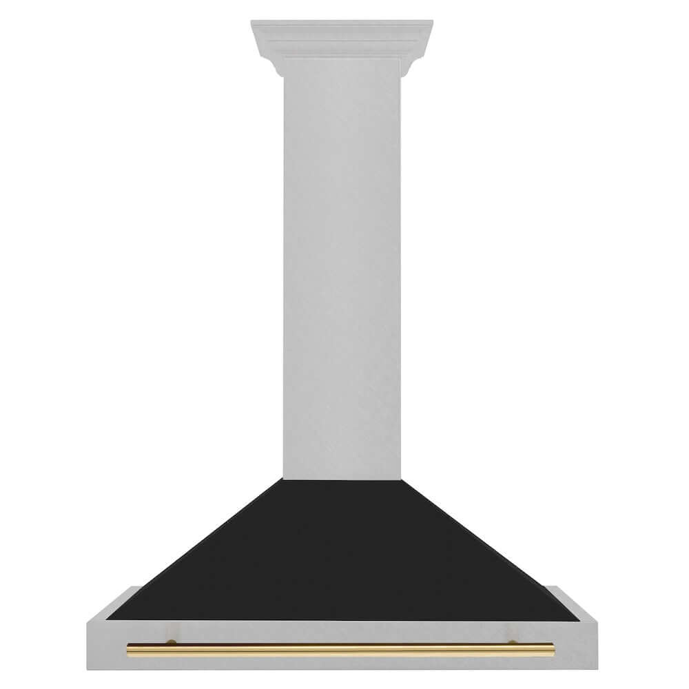 ZLINE Autograph Edition 36-inch DuraSnow® Range Hood with Black Matte Shell and Polished Gold Handle (KB4SNZ-BLM36-G) front, above