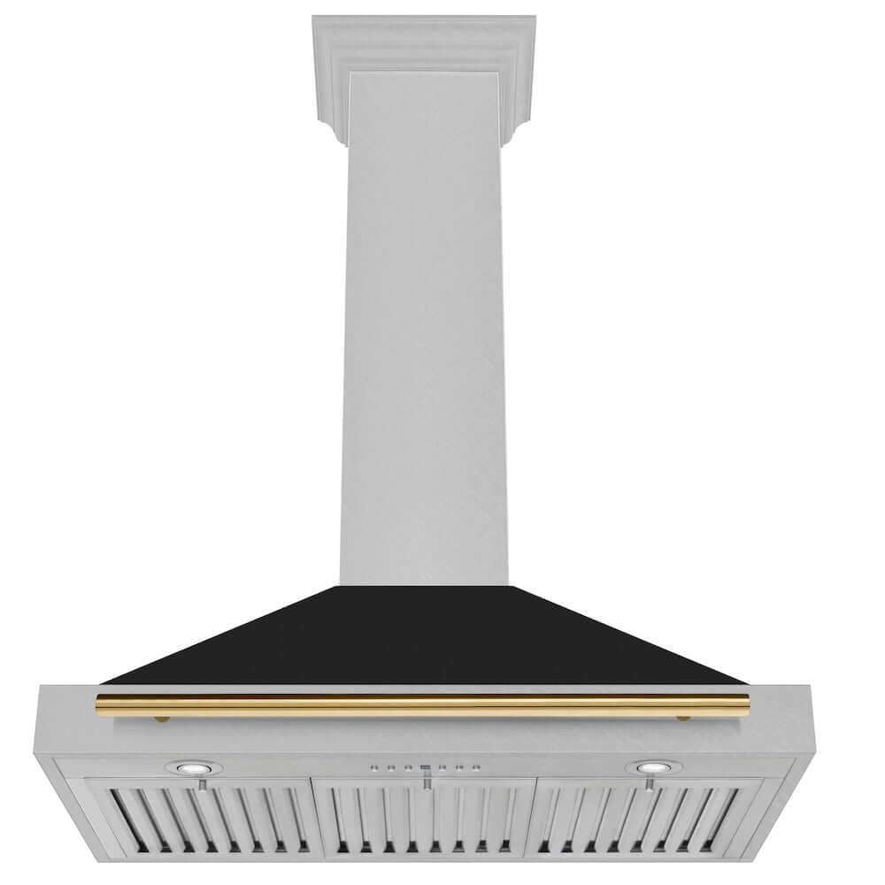 ZLINE Autograph Edition 36-inch DuraSnow® Range Hood with Black Matte Shell and Polished Gold Handle (KB4SNZ-BLM36-G) front, under