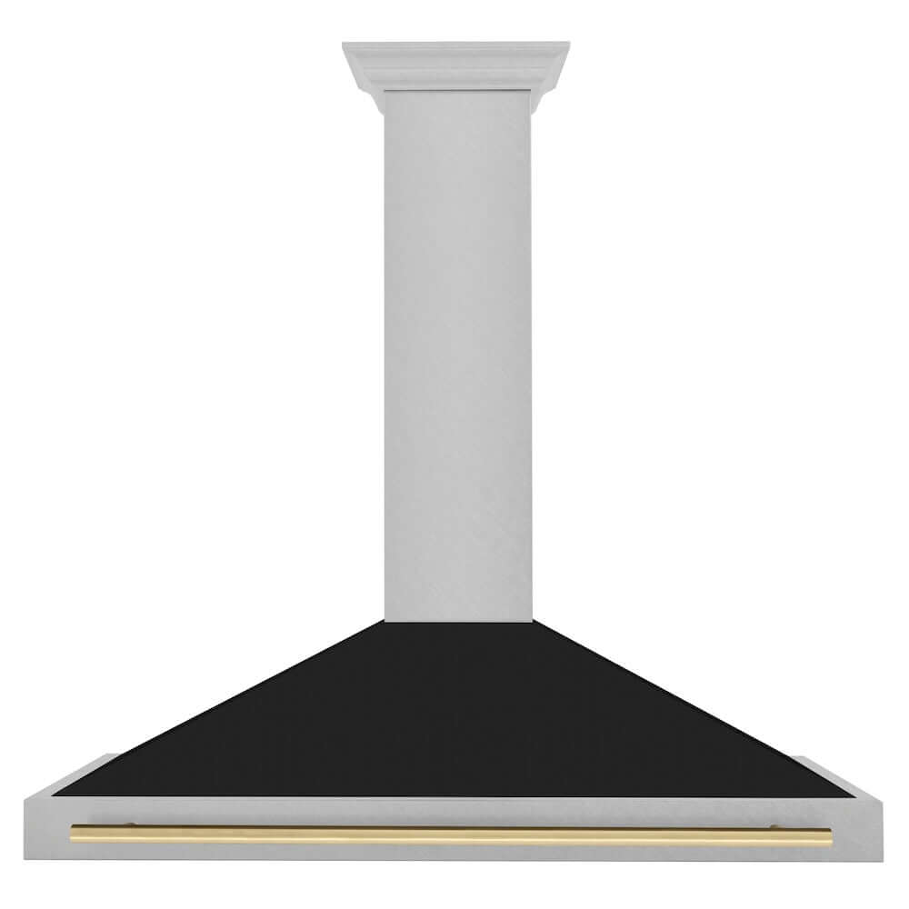 ZLINE Autograph Edition 48 in. Fingerprint Resistant DuraSnow® Stainless Steel Range Hood with Black Matte Shell and Accent Handle (KB4SNZ-BLM48) front.