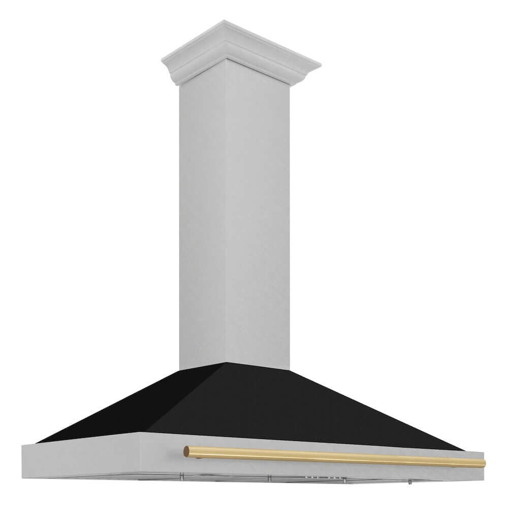 ZLINE Autograph Edition 48 in. Fingerprint Resistant DuraSnow® Stainless Steel Range Hood with Black Matte Shell and Accent Handle (KB4SNZ-BLM48) Polished Gold