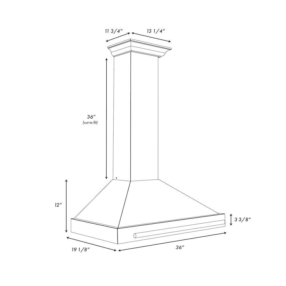 ZLINE Autograph Edition 36 in. Convertible Satin Stainless Steel Wall Mount Range Hood with Black Matte Shell and Accent Handle (KB4SNZ-BLM36) dimensional diagram.