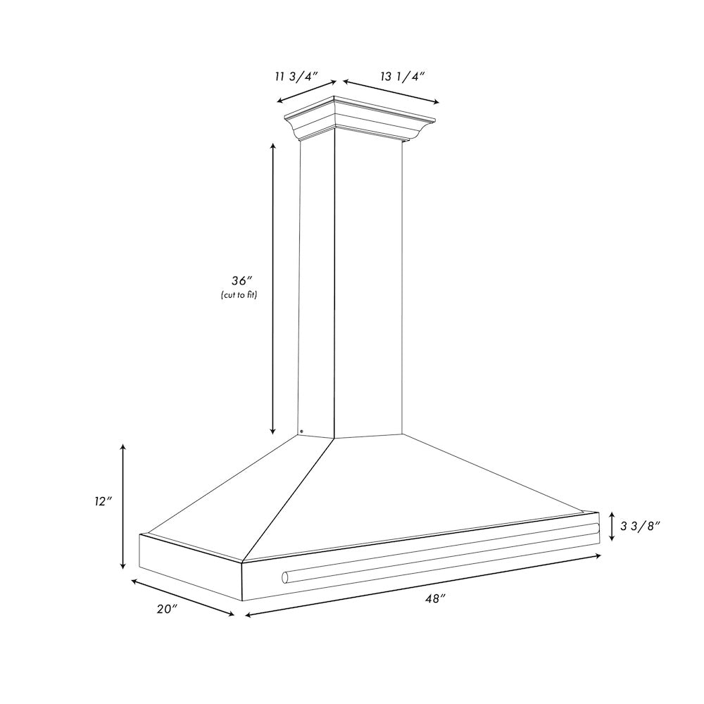 ZLINE Autograph Edition 48 in. Convertible Satin Stainless Steel Wall Mount Range Hood with Black Matte Shell and Accent Handle (KB4SNZ-BLM48) dimensional diagram.
