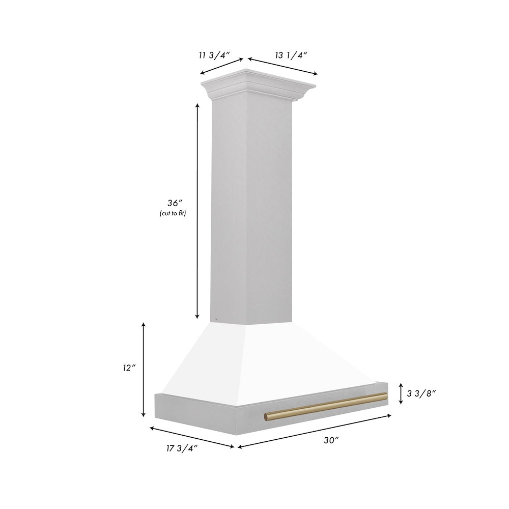 ZLINE Autograph Edition 30 in. Convertible Satin Stainless Steel Wall Mount Range Hood with White Matte Shell with Accent Handle (KB4SNZ-WM30) dimensional diagram.