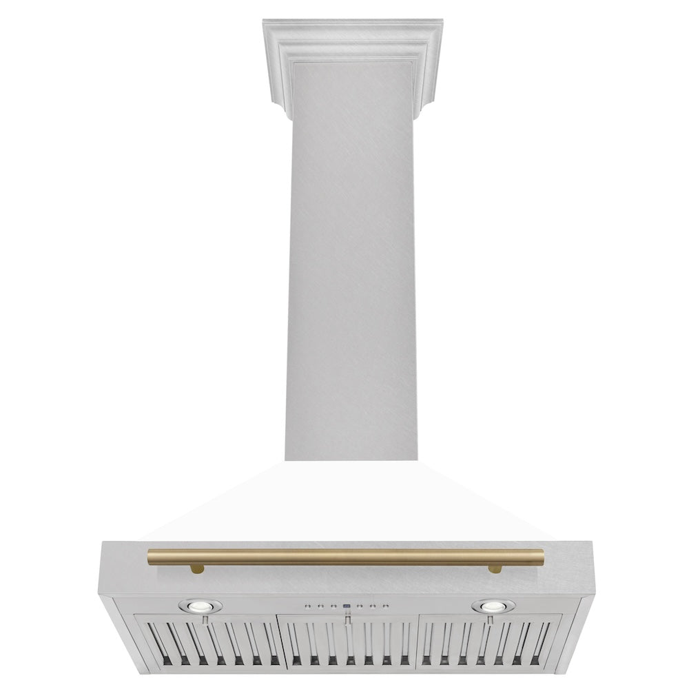 ZLINE Autograph Edition 30 in. Convertible Satin Stainless Steel Wall Mount Range Hood with White Matte Shell with Accent Handle (KB4SNZ-WM30)