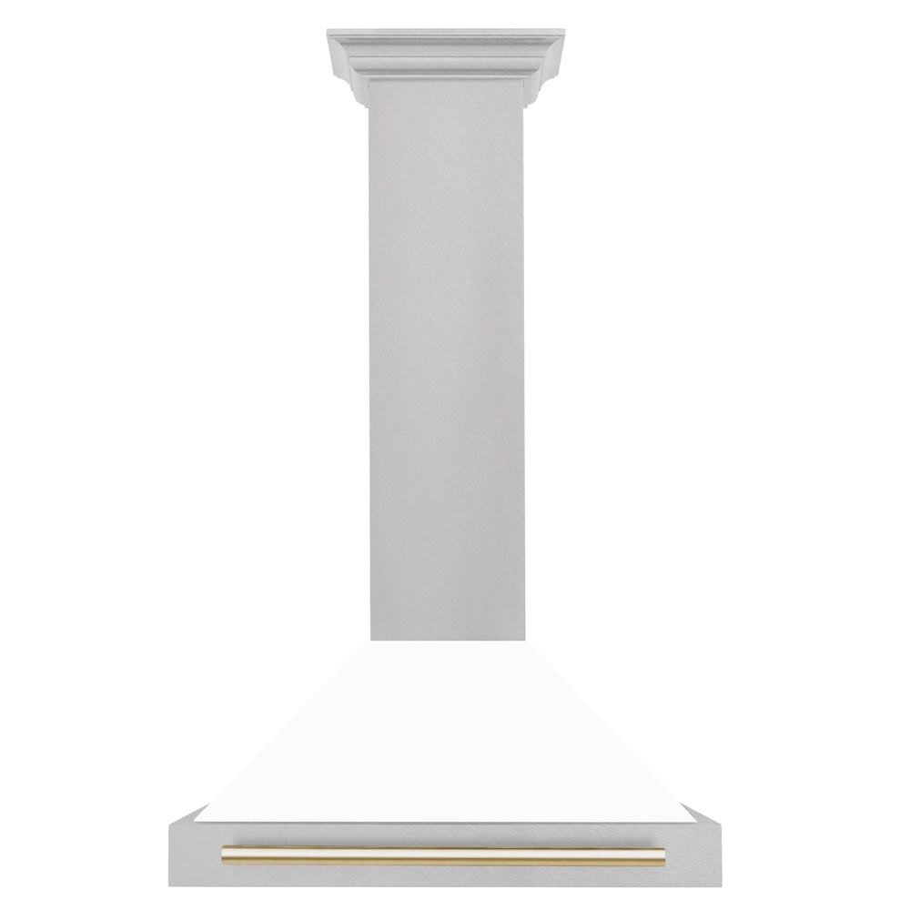 ZLINE Autograph Edition 30 in. Convertible Satin Stainless Steel Wall Mount Range Hood with White Matte Shell with Accent Handle (KB4SNZ-WM30) dimensional diagram.