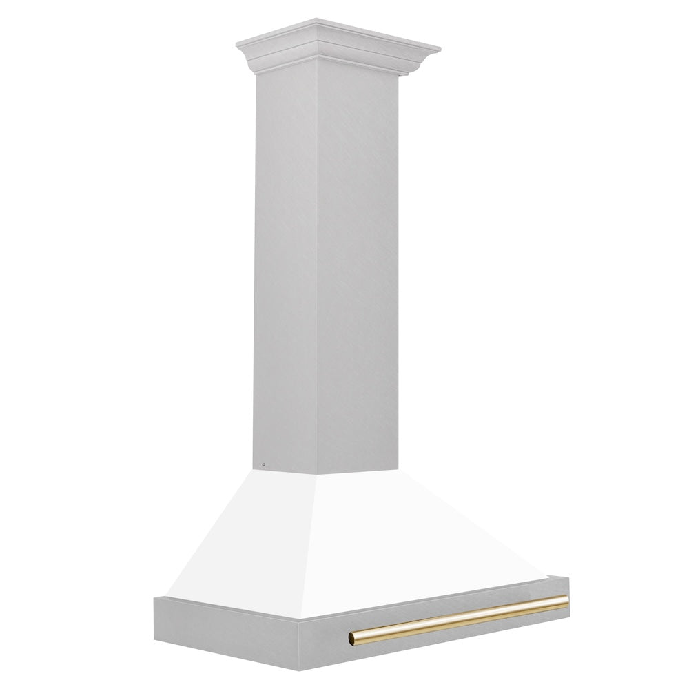 ZLINE Autograph Edition 30 in. Convertible Satin Stainless Steel Wall Mount Range Hood with White Matte Shell with Accent Handle (KB4SNZ-WM30) dimensional diagram.