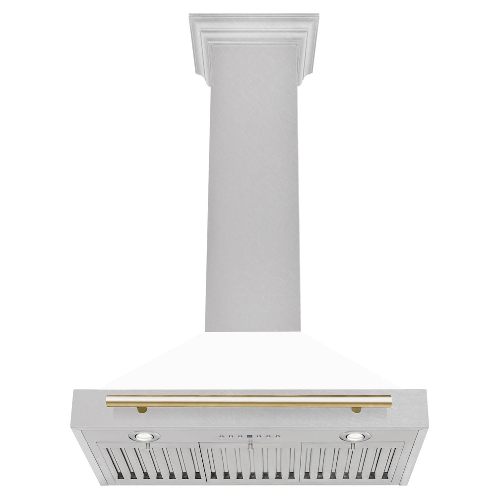 ZLINE Autograph Edition 30 in. Convertible Satin Stainless Steel Wall Mount Range Hood with White Matte Shell with Accent Handle (KB4SNZ-WM30) dimensional diagram.
