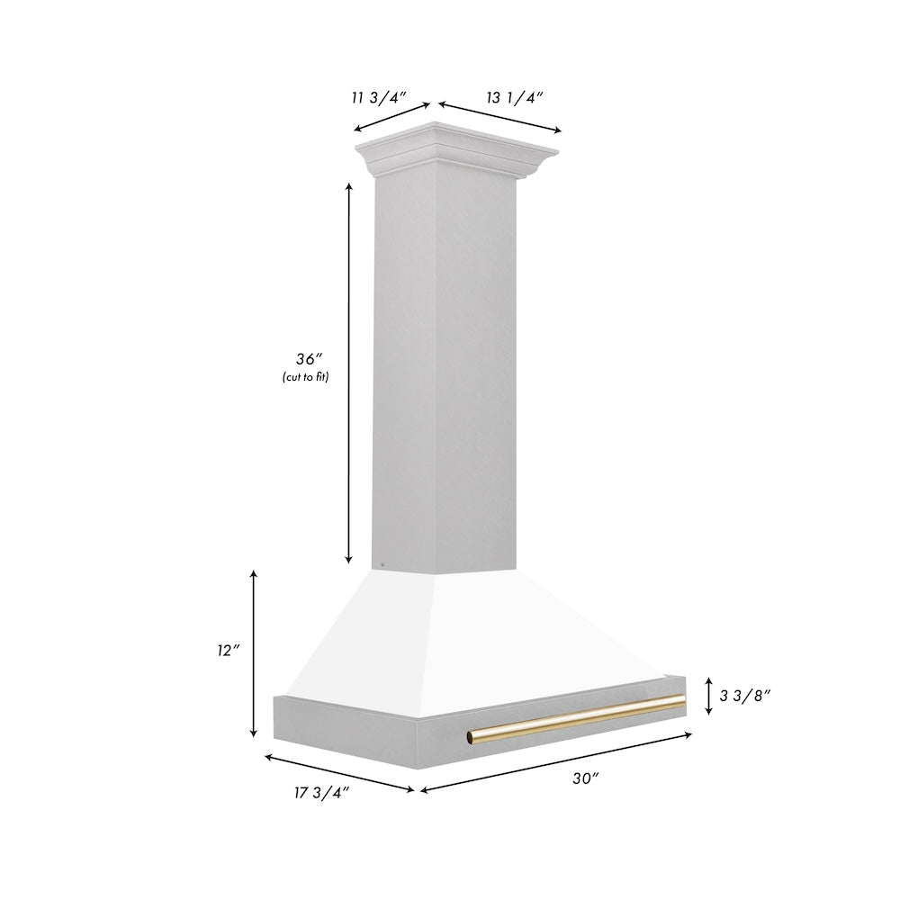 ZLINE Autograph Edition 30 in. Convertible Satin Stainless Steel Wall Mount Range Hood with White Matte Shell with Accent Handle (KB4SNZ-WM30) dimensional diagram.