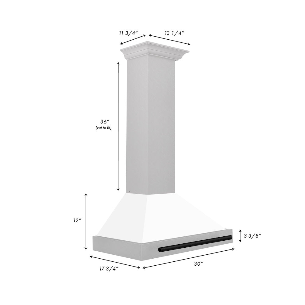 ZLINE Autograph Edition 30 in. Convertible Satin Stainless Steel Wall Mount Range Hood with White Matte Shell with Accent Handle (KB4SNZ-WM30) dimensional diagram.