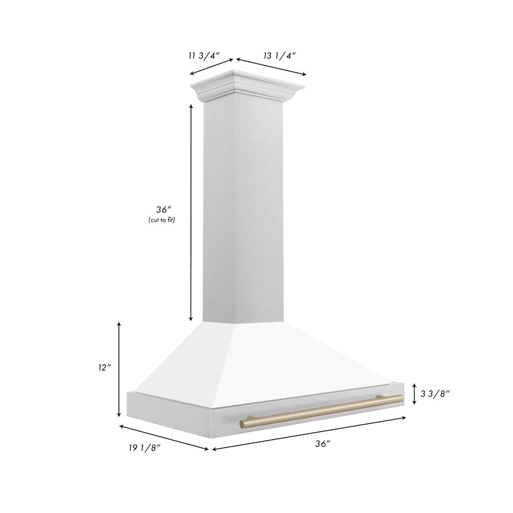 ZLINE Autograph Edition 36 in. Convertible Satin Stainless Steel Wall Mount Range Hood with White Matte Shell and Accent Handle (KB4SNZ-WM36) dimensional diagram.