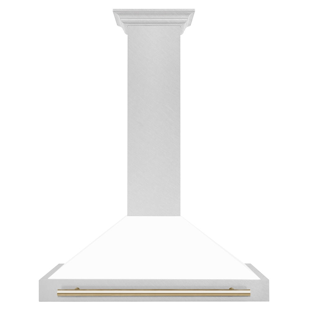 ZLINE Autograph Edition 36 in. Convertible Satin Stainless Steel Wall Mount Range Hood with White Matte Shell and Accent Handle (KB4SNZ-WM36) dimensional diagram.