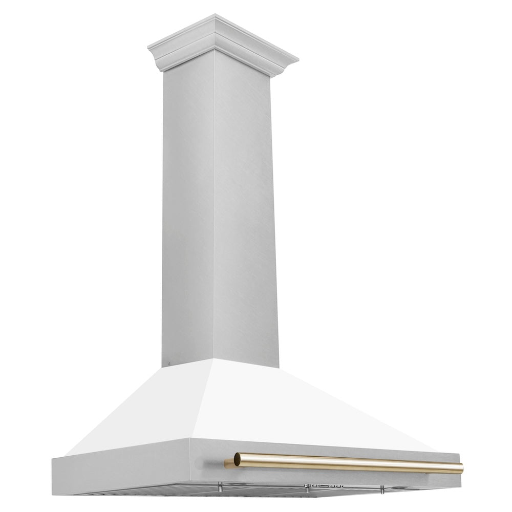 ZLINE Autograph Edition 36 in. Convertible Satin Stainless Steel Wall Mount Range Hood with White Matte Shell and Accent Handle (KB4SNZ-WM36) dimensional diagram.