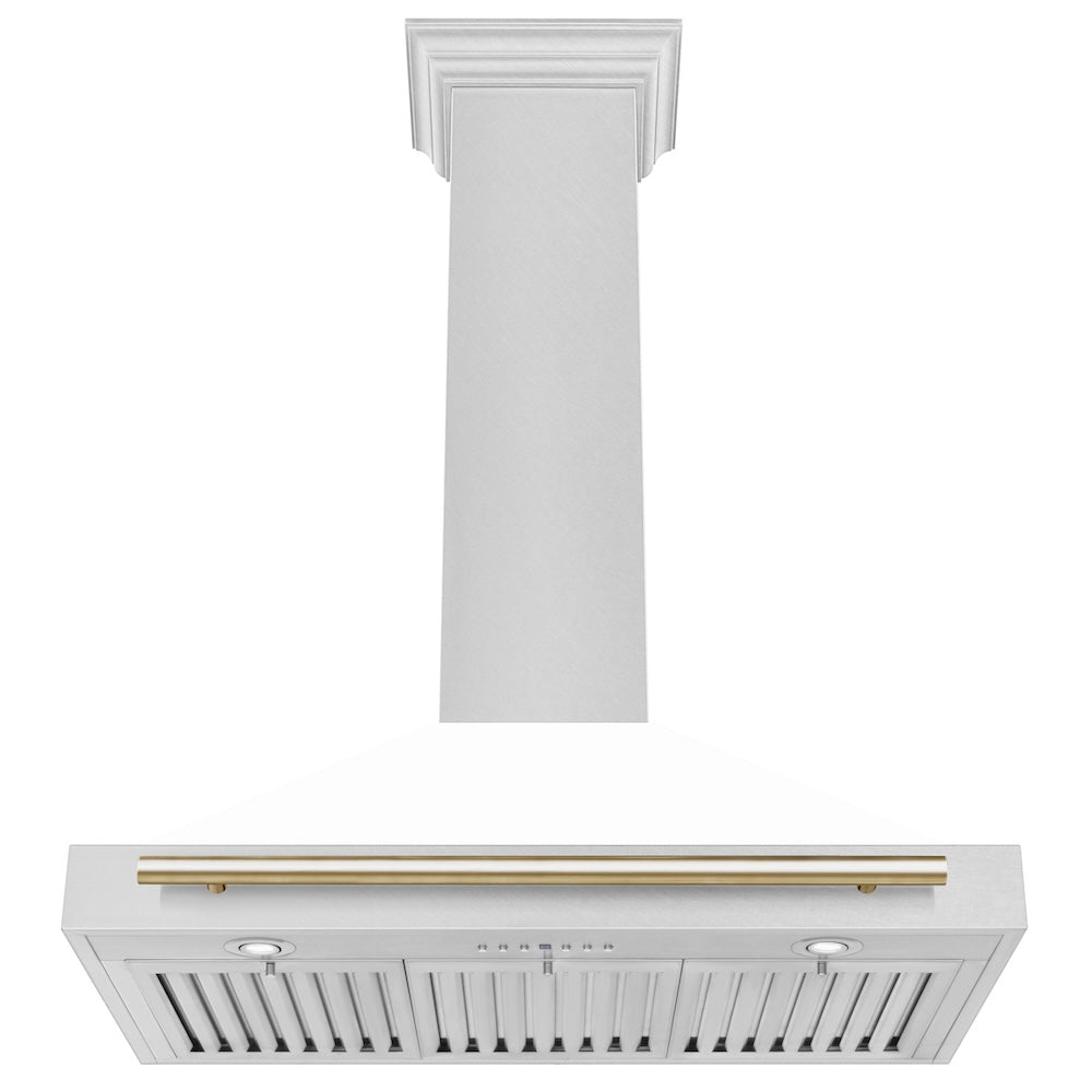 ZLINE Autograph Edition 36 in. Convertible Satin Stainless Steel Wall Mount Range Hood with White Matte Shell and Accent Handle (KB4SNZ-WM36) dimensional diagram.