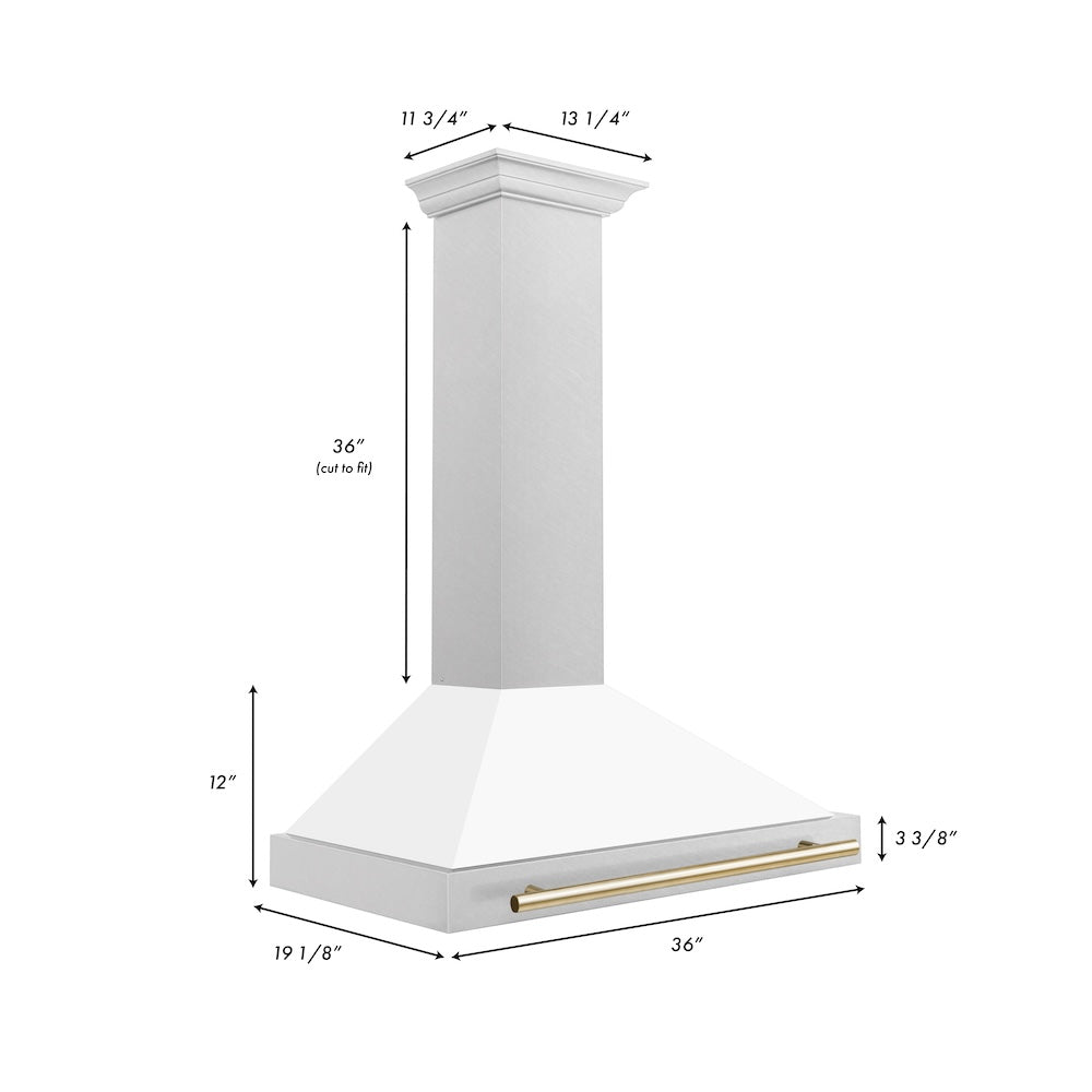 ZLINE Autograph Edition 36 in. Convertible Satin Stainless Steel Wall Mount Range Hood with White Matte Shell and Accent Handle (KB4SNZ-WM36) dimensional diagram.