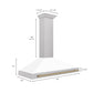 ZLINE Autograph Edition 48 in. Convertible Satin Stainless Steel Wall Mount Range Hood with White Matte Shell with Accent Handle (KB4SNZ-WM48) dimensional diagram.