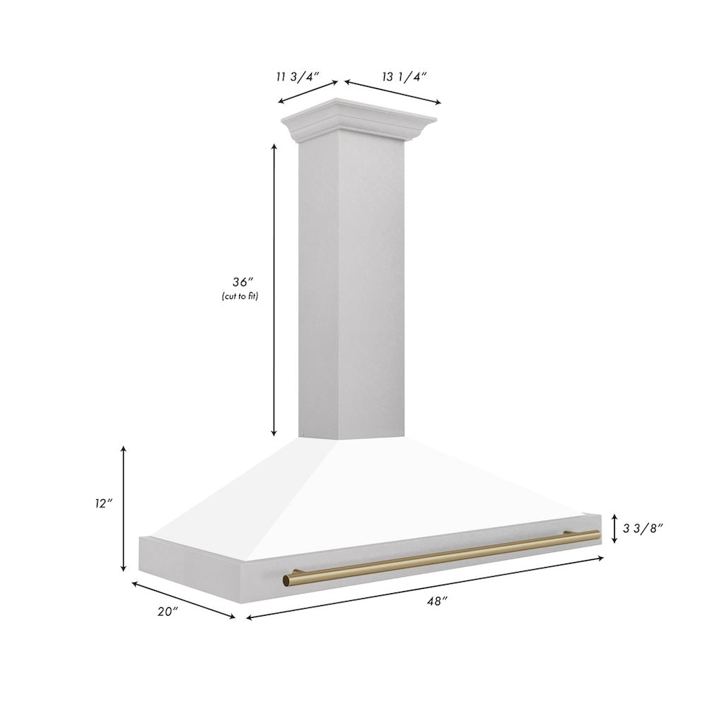 ZLINE Autograph Edition 48 in. Convertible Satin Stainless Steel Wall Mount Range Hood with White Matte Shell with Accent Handle (KB4SNZ-WM48) dimensional diagram.