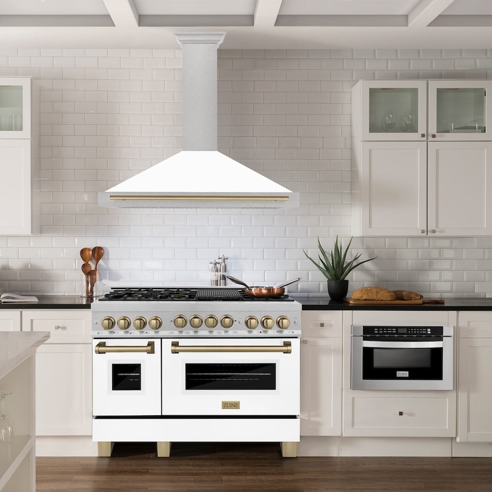 ZLINE Autograph Edition 48 in. Convertible Satin Stainless Steel Wall Mount Range Hood with White Matte Shell with Accent Handle (KB4SNZ-WM48)