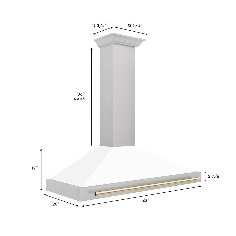 ZLINE Autograph Edition 48 in. Convertible Satin Stainless Steel Wall Mount Range Hood with White Matte Shell with Accent Handle (KB4SNZ-WM48) dimensional diagram.