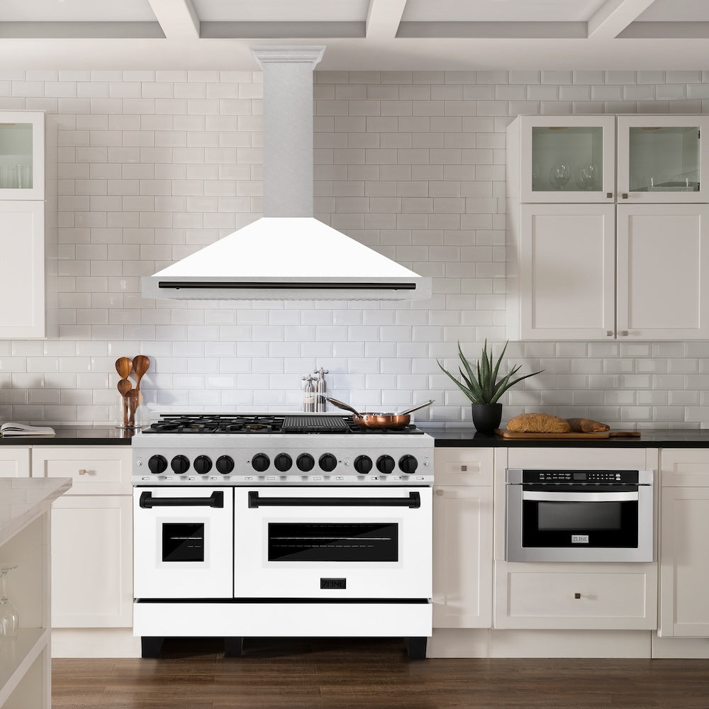 ZLINE Autograph Edition 48 in. Convertible Satin Stainless Steel Wall Mount Range Hood with White Matte Shell with Accent Handle (KB4SNZ-WM48)