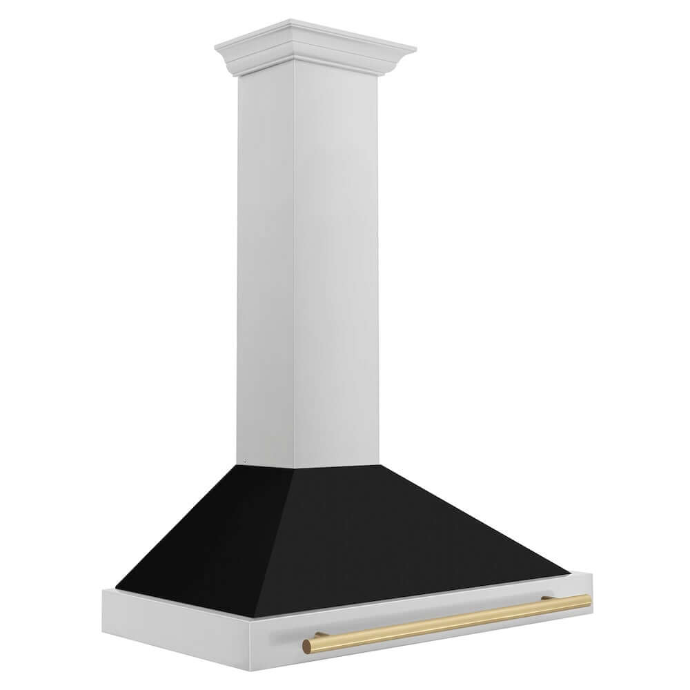 ZLINE Autograph Edition 36 in. Stainless Steel Range Hood with Black Matte Shell and Champagne Bronze Accent Handle (KB4STZ-BLM36-CB) side, above.