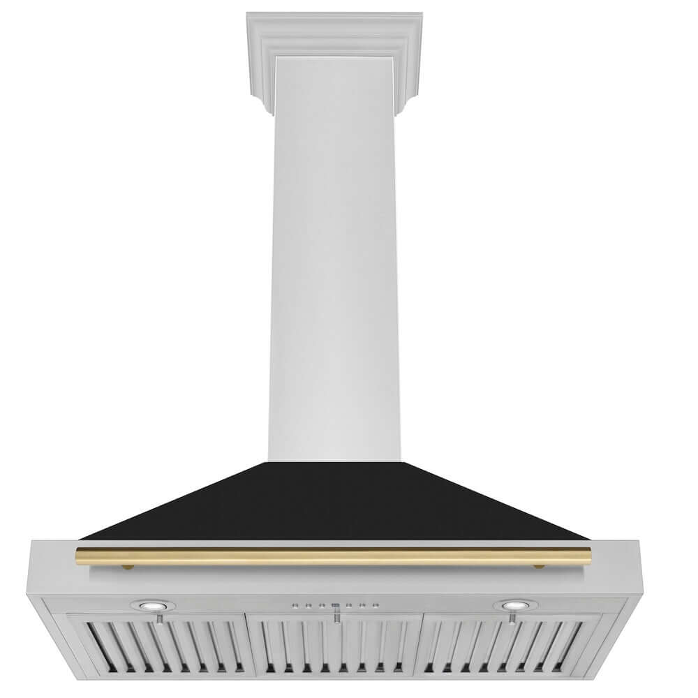 ZLINE Autograph Edition 36 in. Stainless Steel Range Hood with Black Matte Shell and Champagne Bronze Accent Handle (KB4STZ-BLM36-CB) front, under.