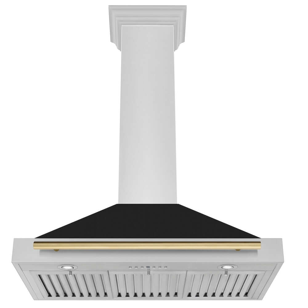 ZLINE Autograph Edition 36 in. Stainless Steel Range Hood with Black Matte Shell and Accent Handle (KB4STZ-BLM36) front, under.