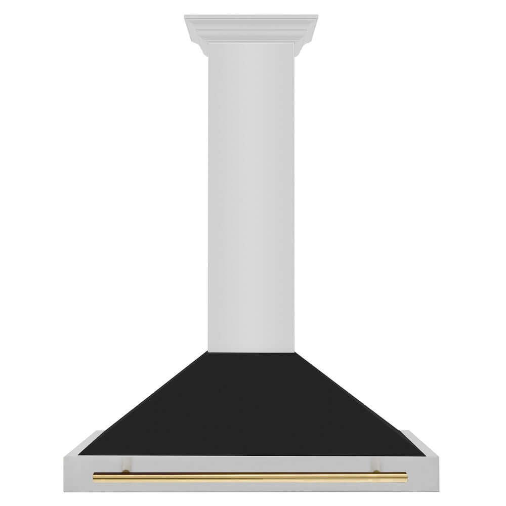 ZLINE Autograph Edition 36 in. Stainless Steel Range Hood with Black Matte Shell and Polished Gold Accent Handle (KB4STZ-BLM36-G) front.