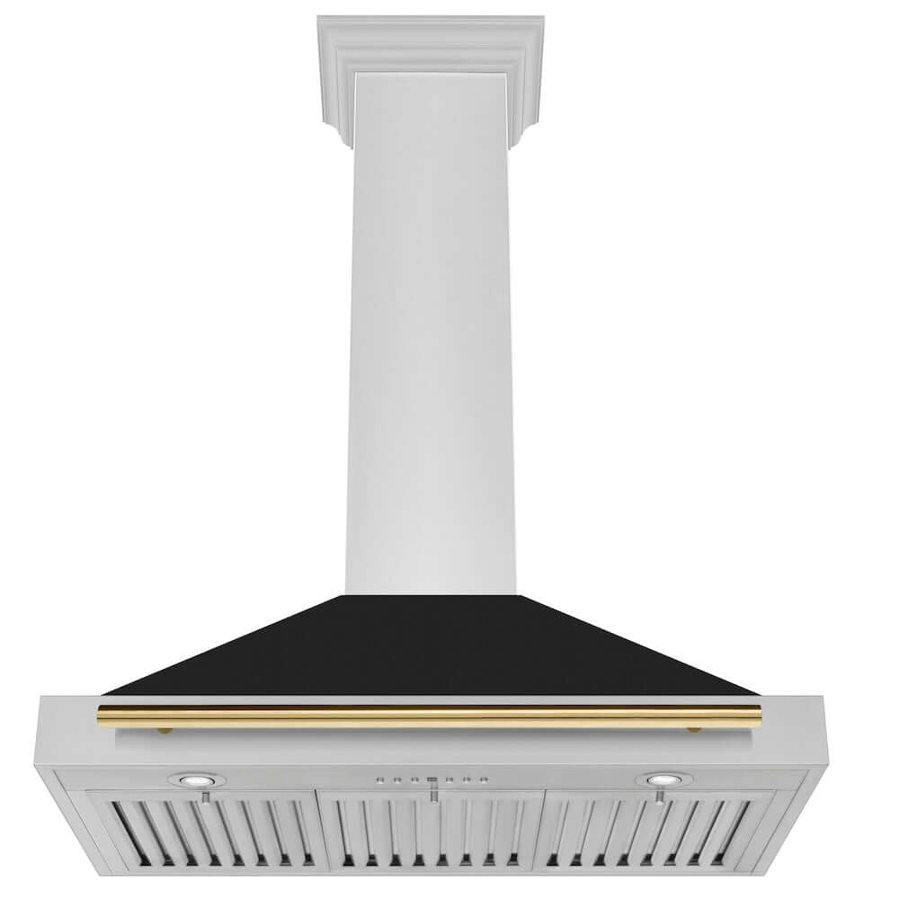 ZLINE Autograph Edition 36 in. Stainless Steel Range Hood with Black Matte Shell and Polished Gold Accent Handle (KB4STZ-BLM36-G) front, under.