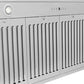 ZLINE Autograph Edition 48 in. Stainless Steel Range Hood with Black Matte Shell and Accent Handle (KB4STZ-BLM48) close-up, dishwasher-safe baffle filters, LED lighting, and button controls.