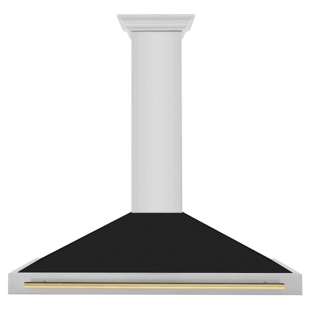 ZLINE Autograph Edition 48 in. Stainless Steel Range Hood with Black Matte Shell and Champagne Bronze Accent Handle (KB4STZ-BLM48-CB) front.