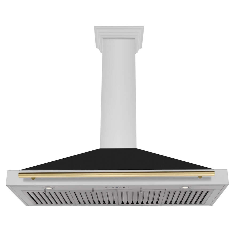 ZLINE Autograph Edition 48 in. Stainless Steel Range Hood with Black Matte Shell and Accent Handle (KB4STZ-BLM48) front, under.