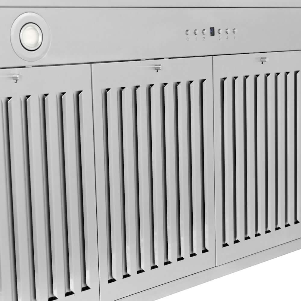 ZLINE Autograph Edition 48 in. Stainless Steel Range Hood with Black Matte Shell and Accent Handle (KB4STZ-BLM48) close-up, dishwasher-safe baffle filters, LED lighting, and button controls.
