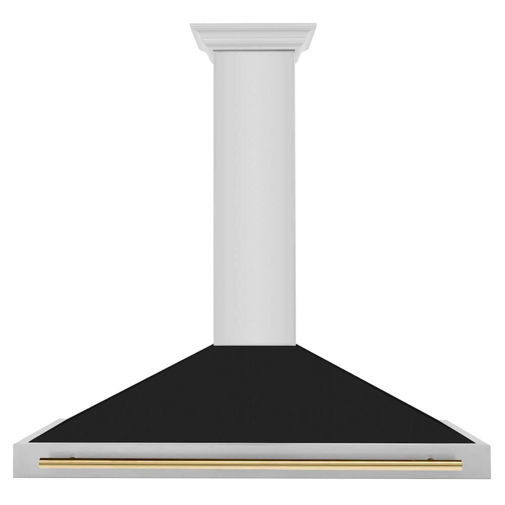 ZLINE Autograph Edition 48 in. Stainless Steel Range Hood with Black Matte Shell and Polished Gold Accent Handle (KB4STZ-BLM48-G) front.