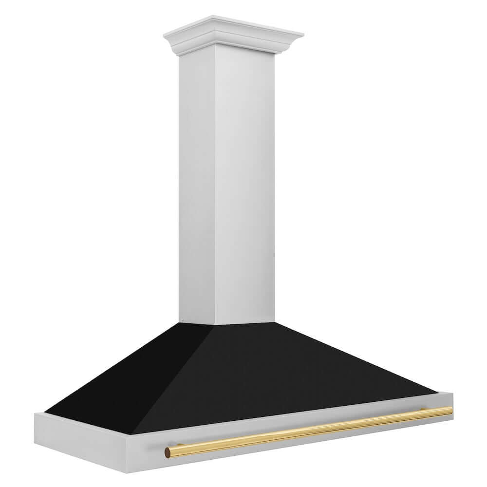 ZLINE Autograph Edition 48 in. Stainless Steel Range Hood with Black Matte Shell and Polished Gold Accent Handle (KB4STZ-BLM48-G) side, above.