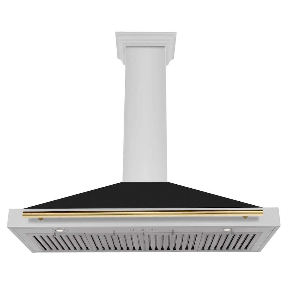 ZLINE Autograph Edition 48 in. Stainless Steel Range Hood with Black Matte Shell and Accent Handle (KB4STZ-BLM48) front, under.