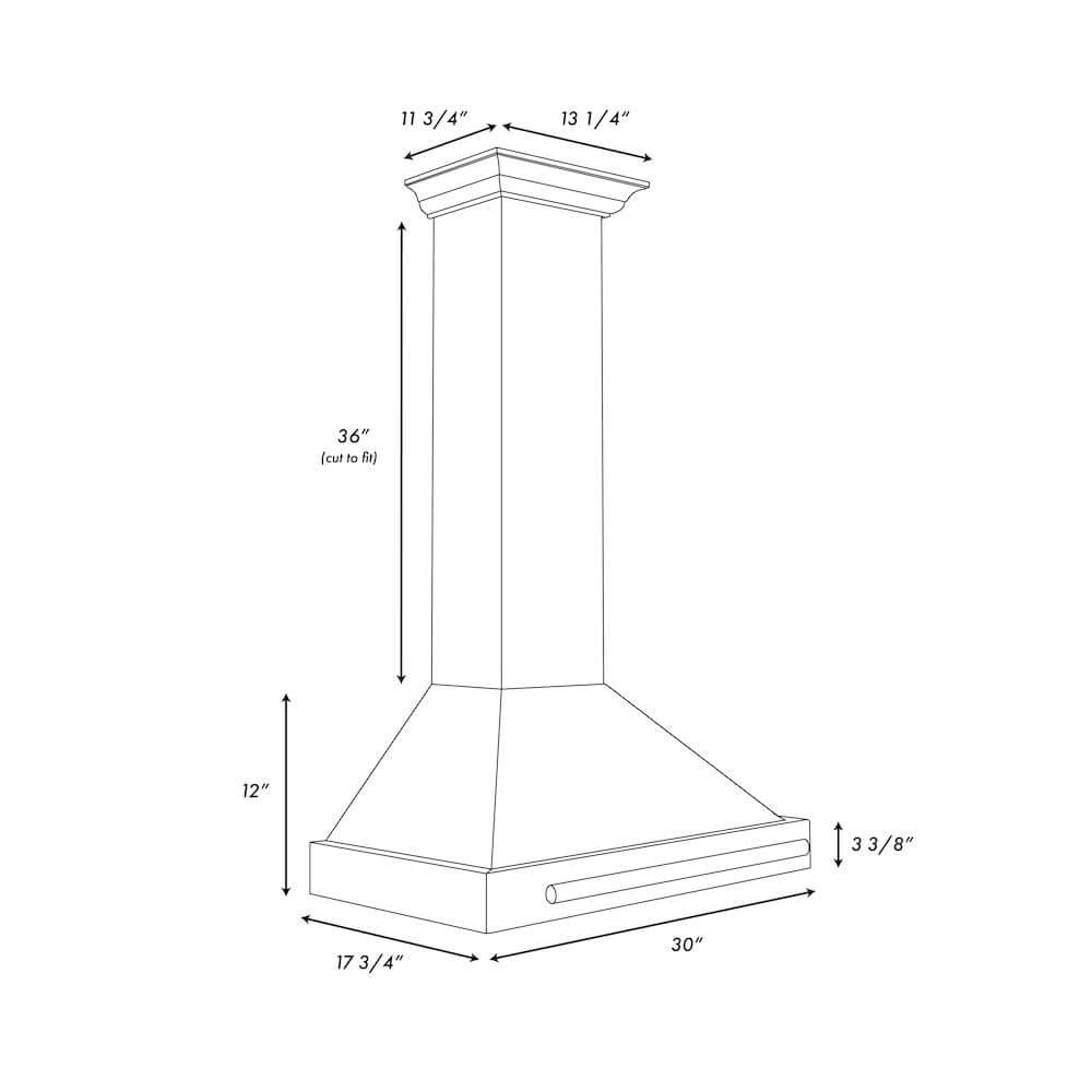 ZLINE Autograph Edition 30 in. Black Stainless Steel Wall Mount Range Hood With Champagne Bronze Handle (BSKB4Z-30) dimensional diagram.