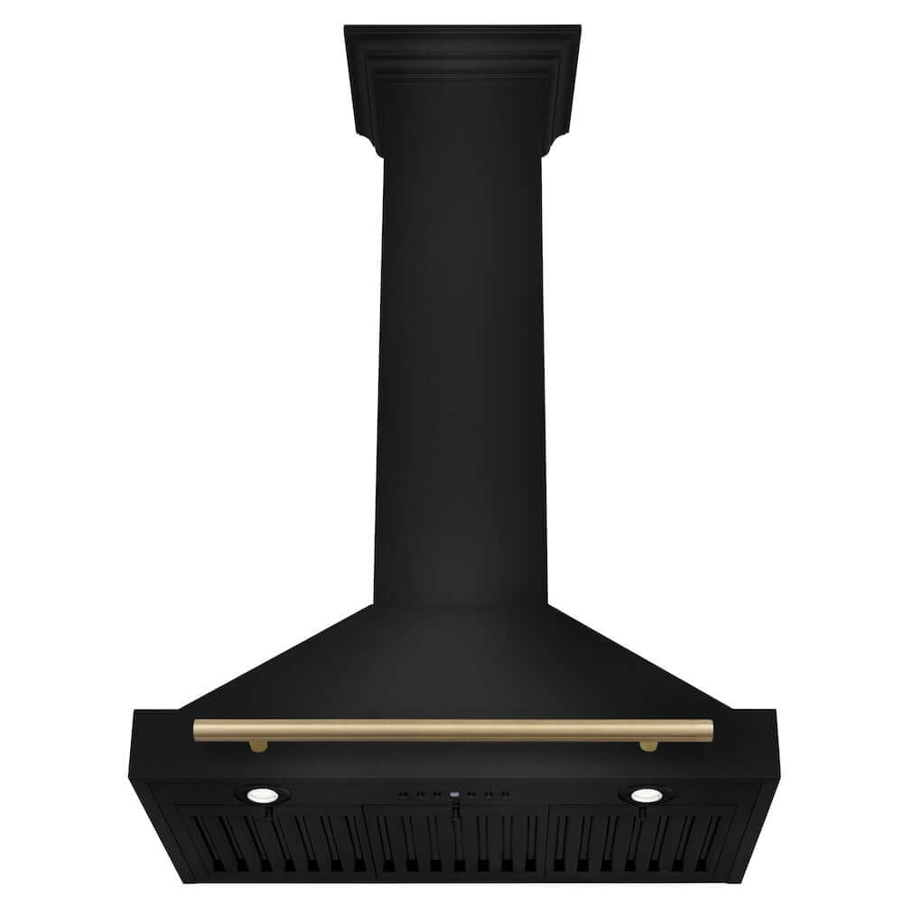 ZLINE Autograph Edition 30 in. Black Stainless Steel Wall Mount Range Hood With Champagne Bronze Handle (BSKB4Z-30) front, under.