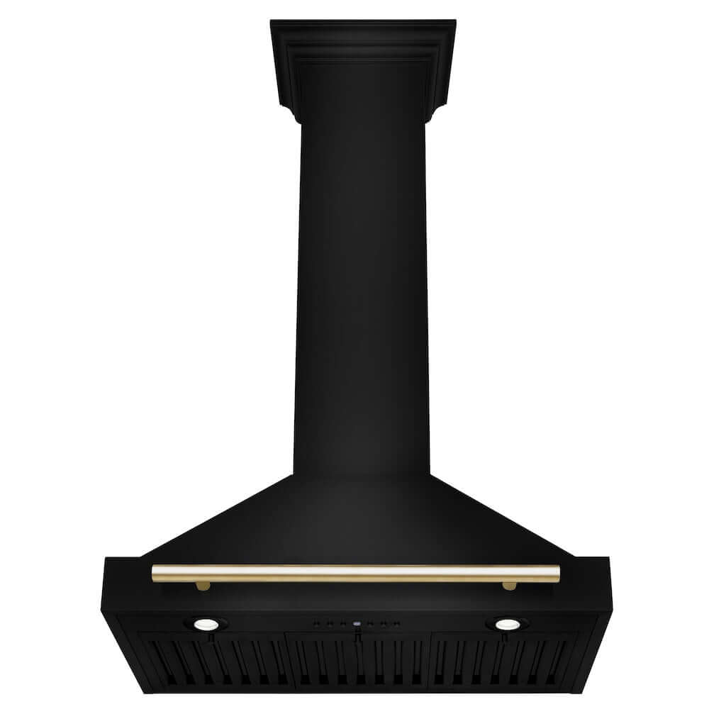 ZLINE Autograph Edition 30 in. Black Stainless Steel Wall Mount Range Hood With Polished Gold Handle (BSKB4Z-30) front, under.