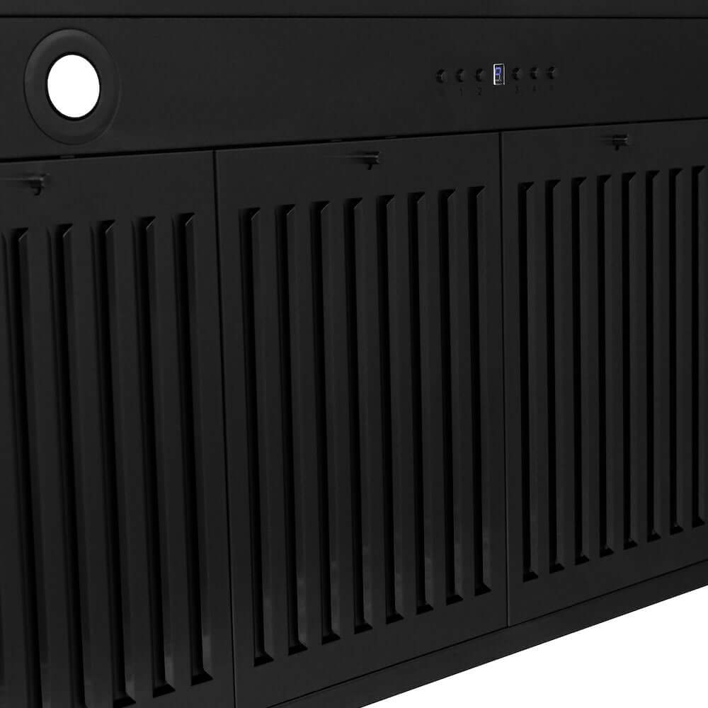 ZLINE Autograph Edition 48 in. Black Stainless Steel Wall Mount Range Hood With Champagne Bronze Handle (BSKB4Z-48-CB) close-up, baffle filters and light.