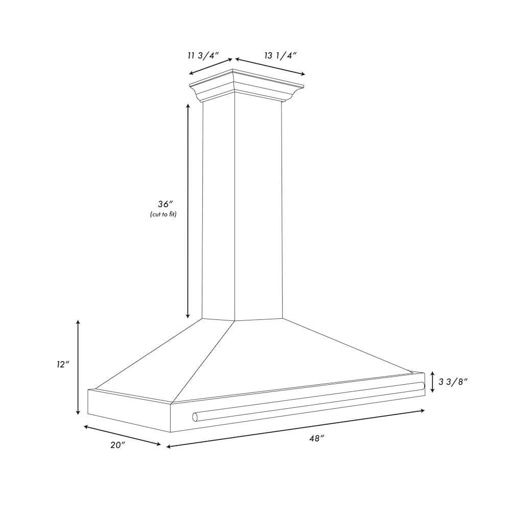 ZLINE Autograph Edition 48 in. Black Stainless Steel Wall Mount Range Hood With Polished Gold Handle (BSKB4Z-48-G) dimensional diagram.