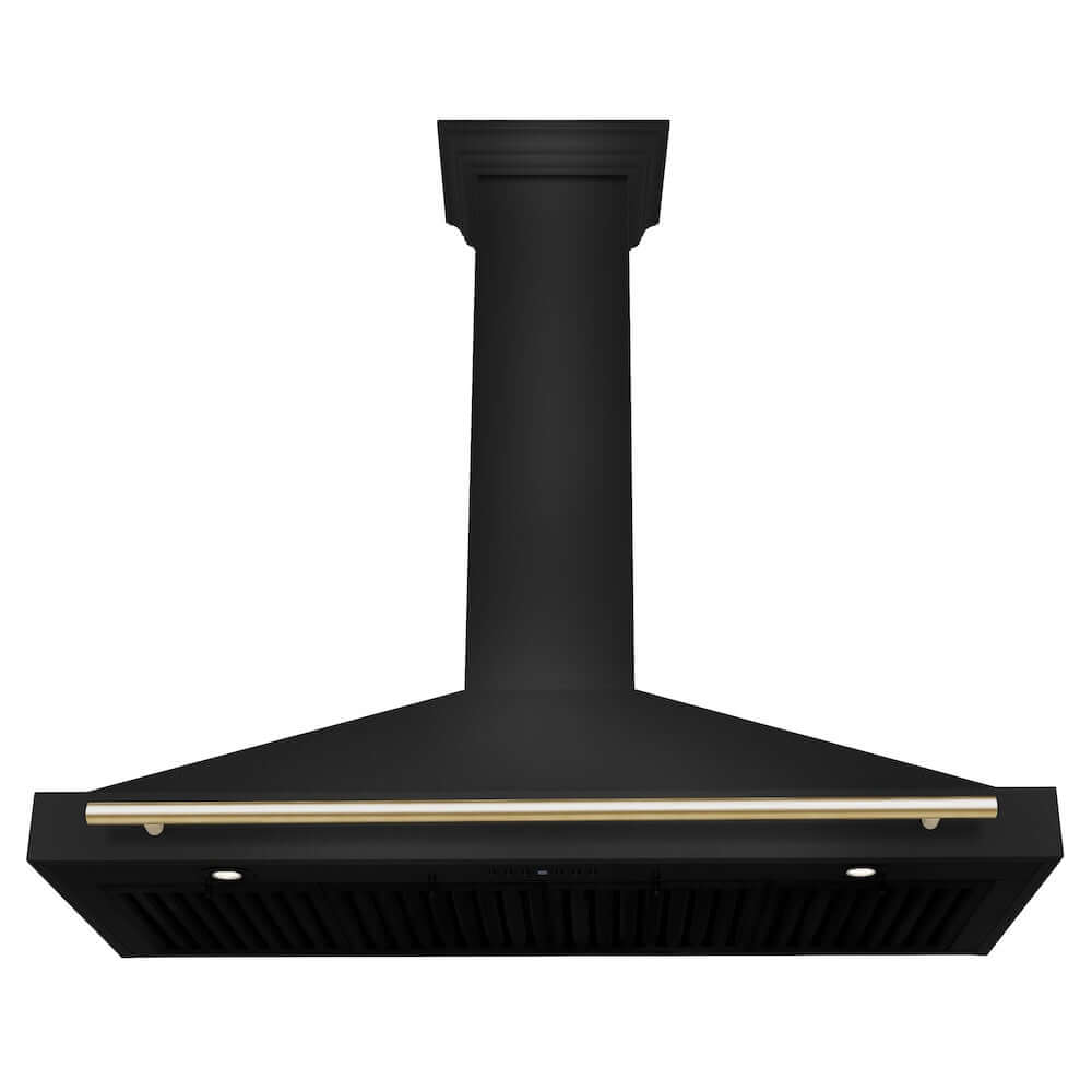 ZLINE Autograph Edition 48 in. Black Stainless Steel Wall Mount Range Hood With Polished Gold Handle (BSKB4Z-48-G) front, under.