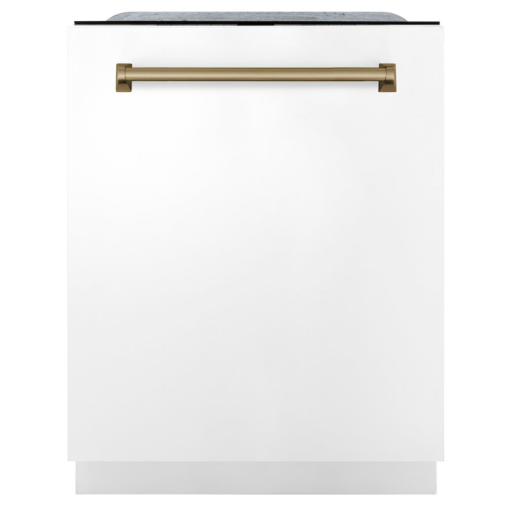 ZLINE Autograph Edition 36 in. Kitchen Package with Stainless Steel Dual Fuel Range with White Matte Door, Range Hood and Dishwasher with Champagne Bronze Accents (3AKP-RAWMRHDWM36-CB)