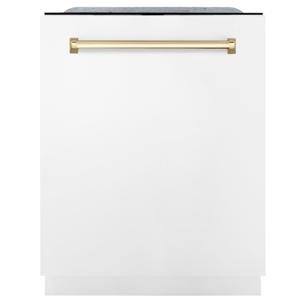 ZLINE Autograph Edition 24 in. Monument Series 3rd Rack Top Touch Control Tall Tub Dishwasher in White Matte with Polished Gold Handle, 45dBa (DWMTZ-WM-24-G)