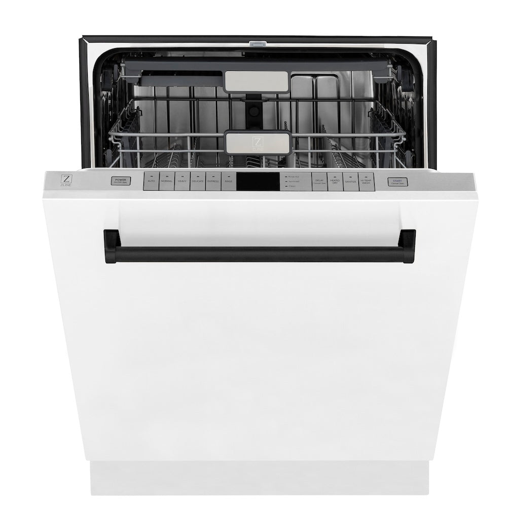 ZLINE Autograph Edition 48 in. Kitchen Package with Stainless Steel Dual Fuel Range with White Matte Door, Range Hood and Dishwasher with Matte Black Accents (3AKP-RAWMRHDWM48-MB)